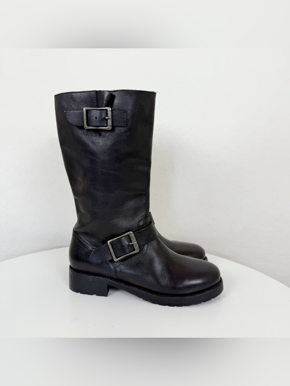 Free People Black Leather Mid-Calf Buckle Heeled Boots - Picture 7 of 14